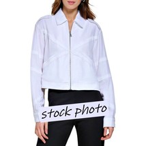 DKNY Crinkle Topstitch Bomber Jacket Shacket LARGE White Zip Front Long ... - £19.45 GBP