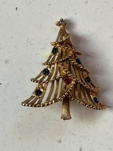 Vintage Goldtone Christmas Tree w Slits &amp; Colorful Rhinestone Accents Holiday - £11.93 GBP