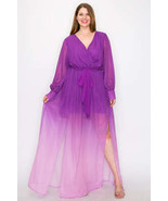 Women&#39;s Ombre Chiffon Wrap Front Long Sleeve Tie Waist Slit Front Maxi D... - $77.00