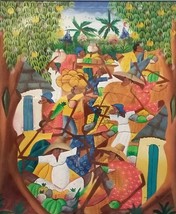 Signed W. Nelson Haitian Art Village Painting Haiti Galeria De Arte Jose Diaz - £455.56 GBP