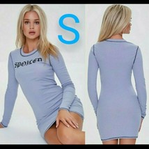 Light Blue Ribbed &quot;Spoiled&quot; Graphic Long Sleeve Mini Dress  Size S - £16.44 GBP