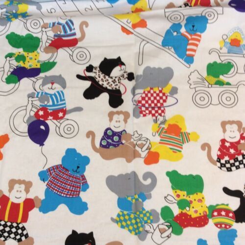 Primary image for Animal Farms Fabric Material Vintage 1992 Cartoon Cat Monkey Bear Bike Park BTY