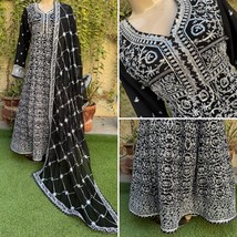 Pakistani Black Long Maxi Style Embroidered Sequins Chiffon Dress,L - $2,887.54 MXN