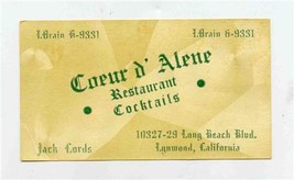 Coeur d&#39;Alene Restaurant Card Long Beach Blvd Lynwood California 1950&#39;s - £9.38 GBP