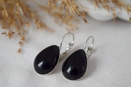 Black agate teardrop earrings, Gemstone dangle and drop earrings, Black stone le - £24.29 GBP