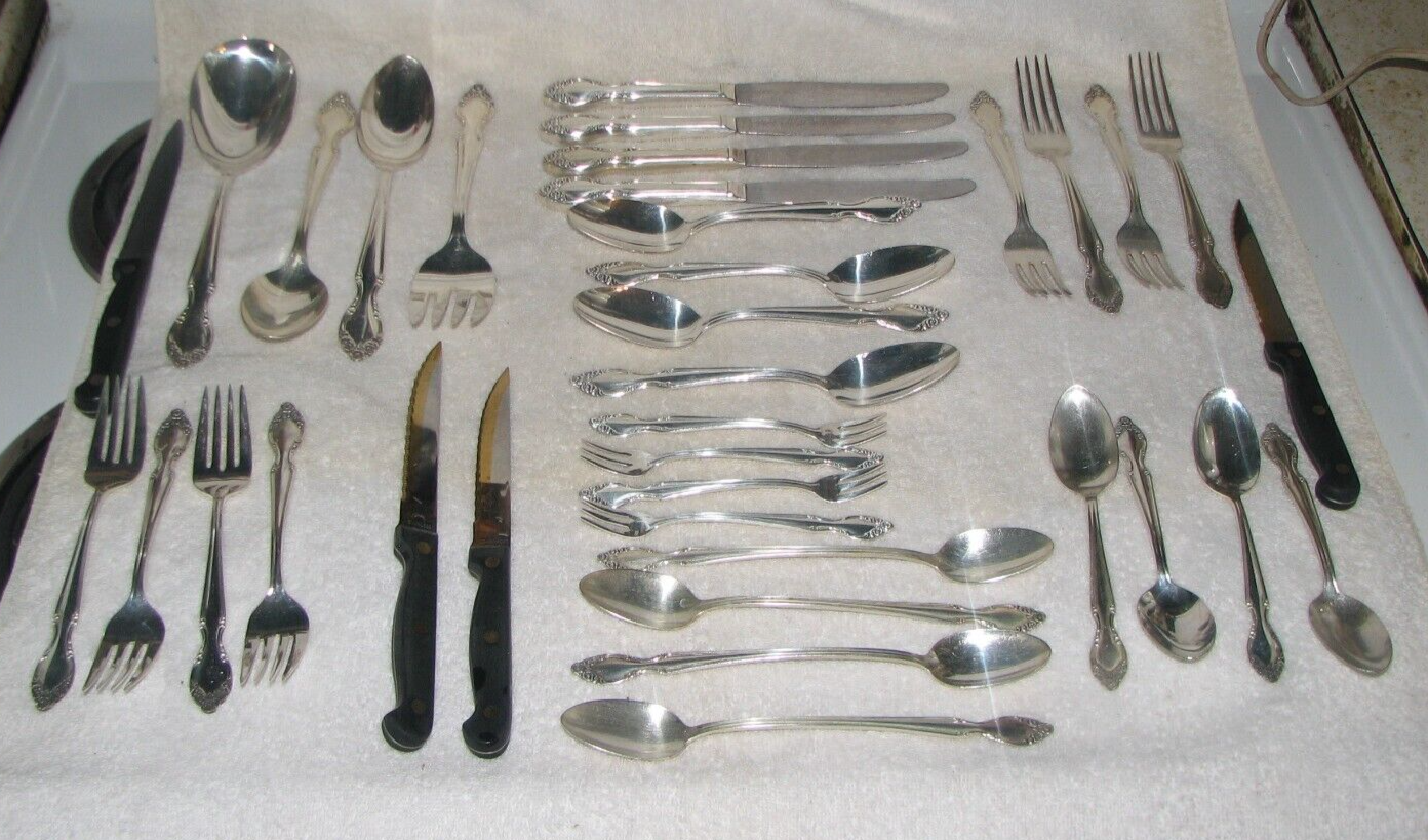 30 Pc. 1955 Rogers & Brothers Silvery Mist Silverware Renforce Silver Plate Rose - $84.99