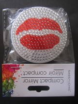 Rhinestone Silver W/RED Lips 3&quot; Design 2-SIDED Compact Purse Mirror Packaged New - £7.78 GBP