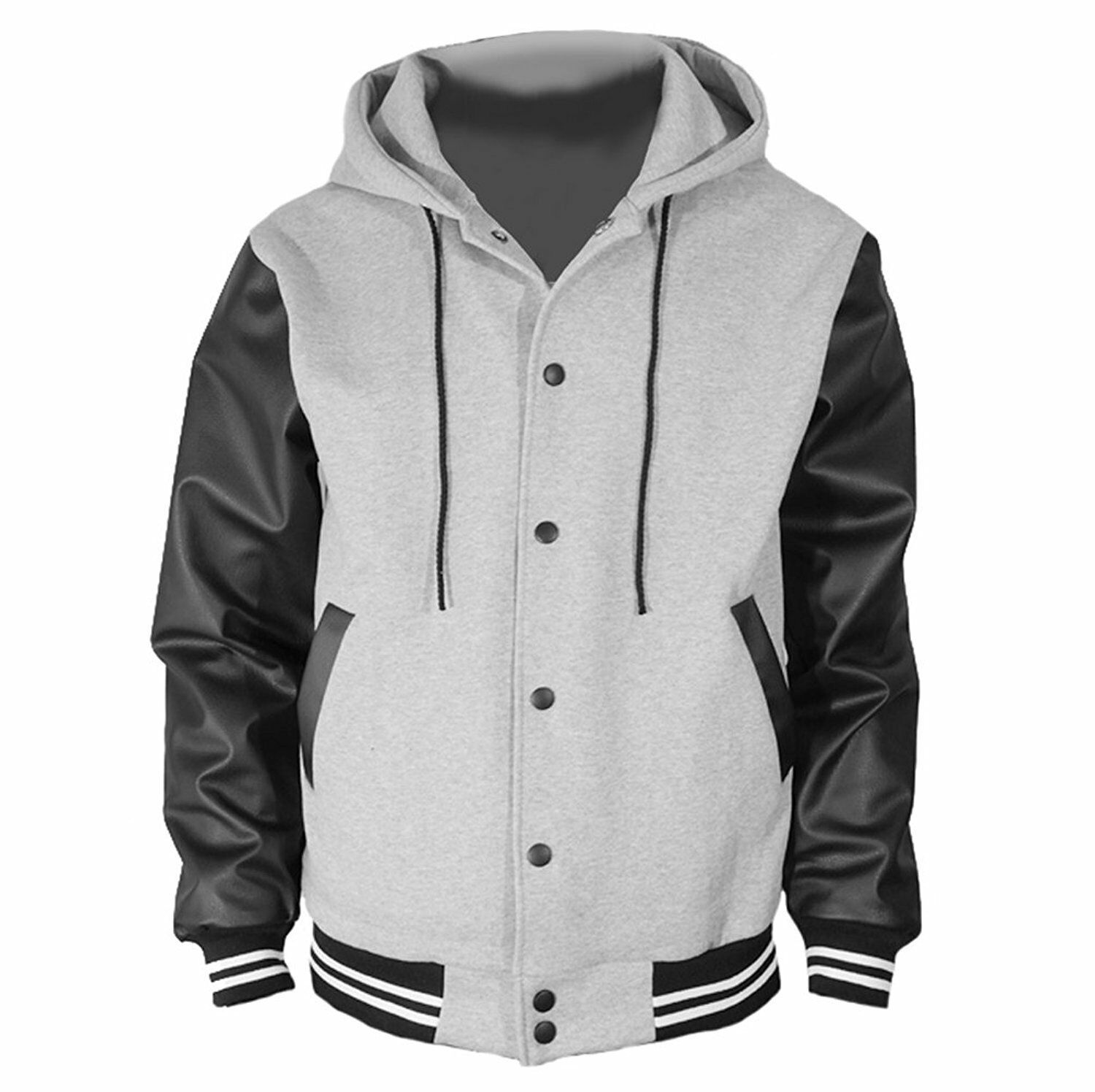 Gray Varsity  Wool Letterman Hoodie Real Black Leather Sleeves XS-4XL