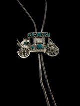 Vintage Silver Tone Turquoise Colored Stones Carriage Wagon Bolo Tie 17” - £15.13 GBP