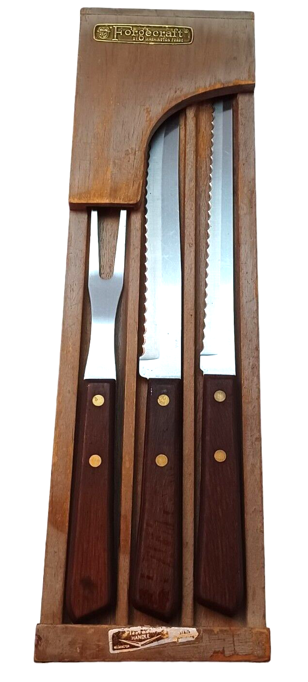 Primary image for Vintage Washington Forge Forgecraft 3pc Wood Handle Carving Set Knife & Fork