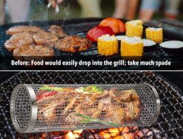 Rolling Grilling Basket, Vegetable Grill Basket, Stainless Steel Grill Mesh Barb - £12.76 GBP