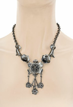 Gunmetal Casual Everyday Flower Floret &quot;Y&quot; Necklace Earrings Set Gray Rhinestone - £14.09 GBP