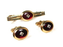 Gold Tone &amp; Red Cufflinks &amp; Tie Clasp Cufflinks by ANSON 1216 - £35.02 GBP