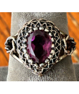 Sterling Silver~Vintage~Large Genuine Pear Shape Amethyst  Halo Ring~Sz.... - €24,89 EUR