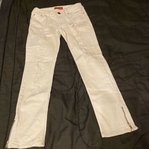 Vintage Y2K Baby Phat Size 7 White Distressed Gold Plate Zipper Leg Skinny Jeans - £117.15 GBP