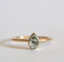 14k Solid Gold Tear Drop Moss Agate Ring, Natural Moss Agate Gemstone, Dainty - £423.76 GBP