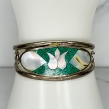 Vintage Alpaca Mexico Silver Tone Turquoise Mother of Pearl Flower Cuff Bracelet - £19.43 GBP