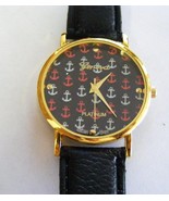 GENEVA PLATINUM BLACK  LEATHER DIAL FACE ANCHORS GOLD BEZEL WATCH STRAP ... - $9.39 CAD