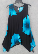 Jostar Sleeveless Tunic Tank Top Sz L Black Blue Hibiscus Point Hem Spandex Knit - £23.13 GBP