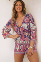 Purple Vintage Printed 3/4 Sleeves V Neck Romper - $26.19