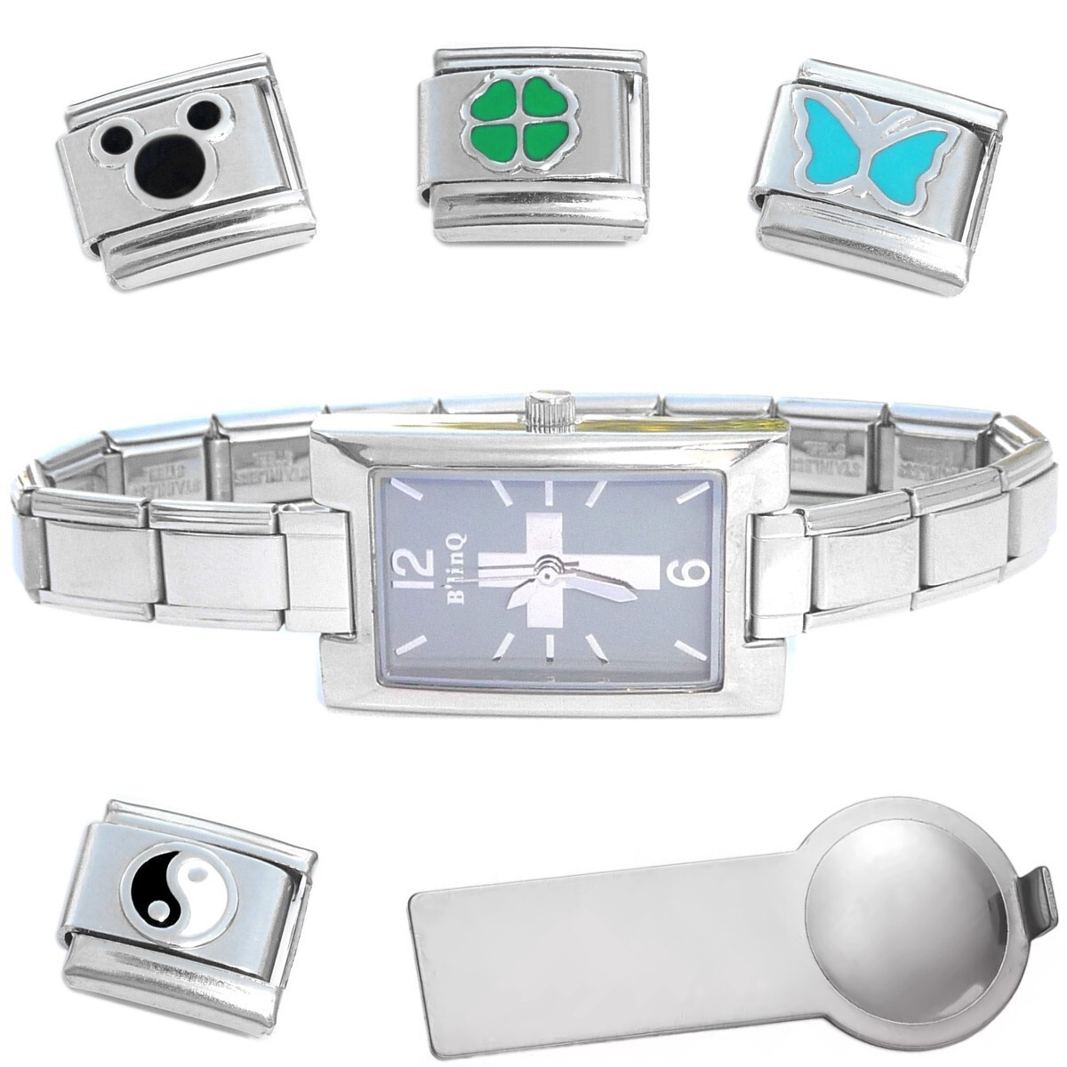 Cross Italian Charm Watch Bracelet Plus Charm Tool &amp; Enamel Charms - $18.69