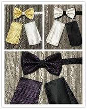 Two Tone Solid &amp; Stripes Men&#39;s Bowtie with Two Pocket Square Hankies Pro... - $15.39