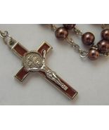 Copper color brown glass bead rosary St Benedict enamel crucifix Papa Fr... - $20.00