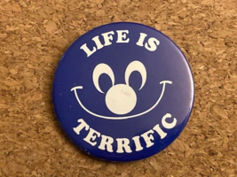 Vintage Life Is Terrific Smiley Pinback Pin 2.25&quot; - £4.89 GBP