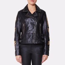 Luna Black Genuine Leather Studded Embroidered Biker Jacket 2019 - $260.99