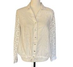 J. Jill Love Linen White Top Button Up Lace Sleeves Tie Waist Petite S NEW - £28.73 GBP