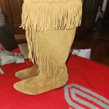 Sam Edelman Size 6½ Tall Tan Suede Moccasin Style FRINGE Boots. nice con... - $48.31