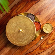 Floral-Etched&#39; Handcrafted Spice Box In Brass With Spoon (7 Containers |... - £145.68 GBP