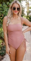 NEW Pink Lily Sunset Sail Rose Square Neck Ruched Side One Piece Swimsuit M Q3 - £15.41 GBP