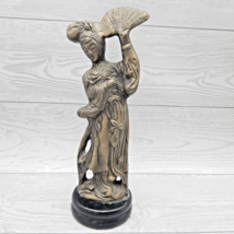 Vintage Solid Brass Dancing Geisha Statue Figurine with Fan on Wood Base - £13.50 GBP