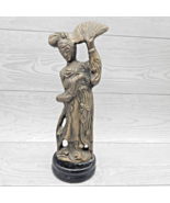 Vintage Solid Brass Dancing Geisha Statue Figurine with Fan on Wood Base - £13.55 GBP