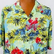 Aloha Hawaiian 2 XL Shirt Flamingos Tiki Huts Hibiscus Flowers Palm Trees - £23.97 GBP