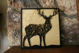 Two Layer Wooden Deer Wall Art 11 1/2&quot; x 11 1/2&quot; Natural and Black - £23.28 GBP