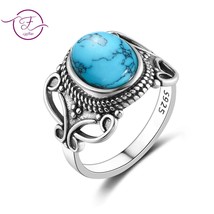 New Bohemia Style 8x10MM Oval Natural Turquoise Rings for Women 925 Silver Ring  - £13.50 GBP