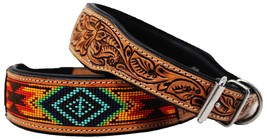 Handcrafted Beaded Tooled Leather Dog Collar Turquoise 60FK66 - £38.28 GBP+