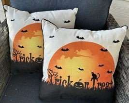Two 16” Halloween Throw Pillows TRICK OR TREAT Black Cat Embroidered Bats New - £19.62 GBP