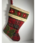 Christmas Stocking Red Plaid Poinsettia Holly Appliques Embroidered Embe... - $20.77