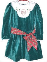 vtg girls size 6x green velvet dress lace trim Red flower embroidery Cotton - $19.79