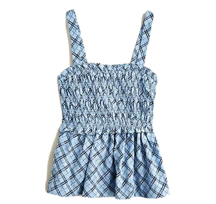 Primary image for NEW JCrew Women’s Smocked Waist Tank Top Textured Blue Plaid Size XL NWT