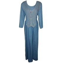 Vintage 90s True Blue Size 14-16  Denim Embroidered Vest Cottage Maxi Dress - £79.91 GBP