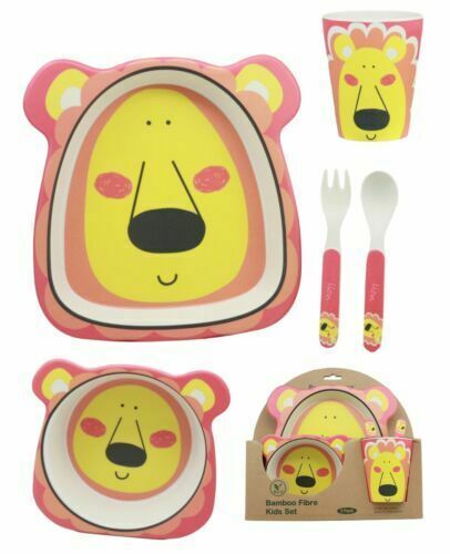 Pink Lion 5 Piece Organic Bamboo Dinnerware Set For Kids Children Toddler Baby