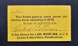 1860s Antique Orig Lauser &amp; Son&#39;s Store Chance Ticket Shaefferstown Pa Bollinger - £53.90 GBP