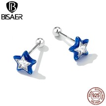 BISAER 925 Silver Blue Star Stud Earrings Zircon Ear Plated Platinum For Women P - £18.73 GBP