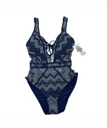 Becca Swimsuit Womens S Blue Color Play Open Knit Crochet Plunging Piece... - $77.86 CAD