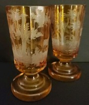 Set Of 2 Two Antique Amber Etched Glasses Bohemian Czech Deer Nature Scene  - £64.16 GBP