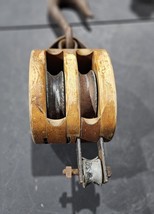 Large Vintage Pulley Wooden Block With Hook Double Pulley - Antique Tool - $35.99
